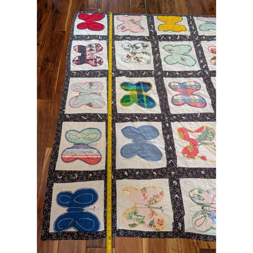 Vtg Handmade Butterfly Twin Quilt Navy Flower Back & Multicolor Hand Embroidery
